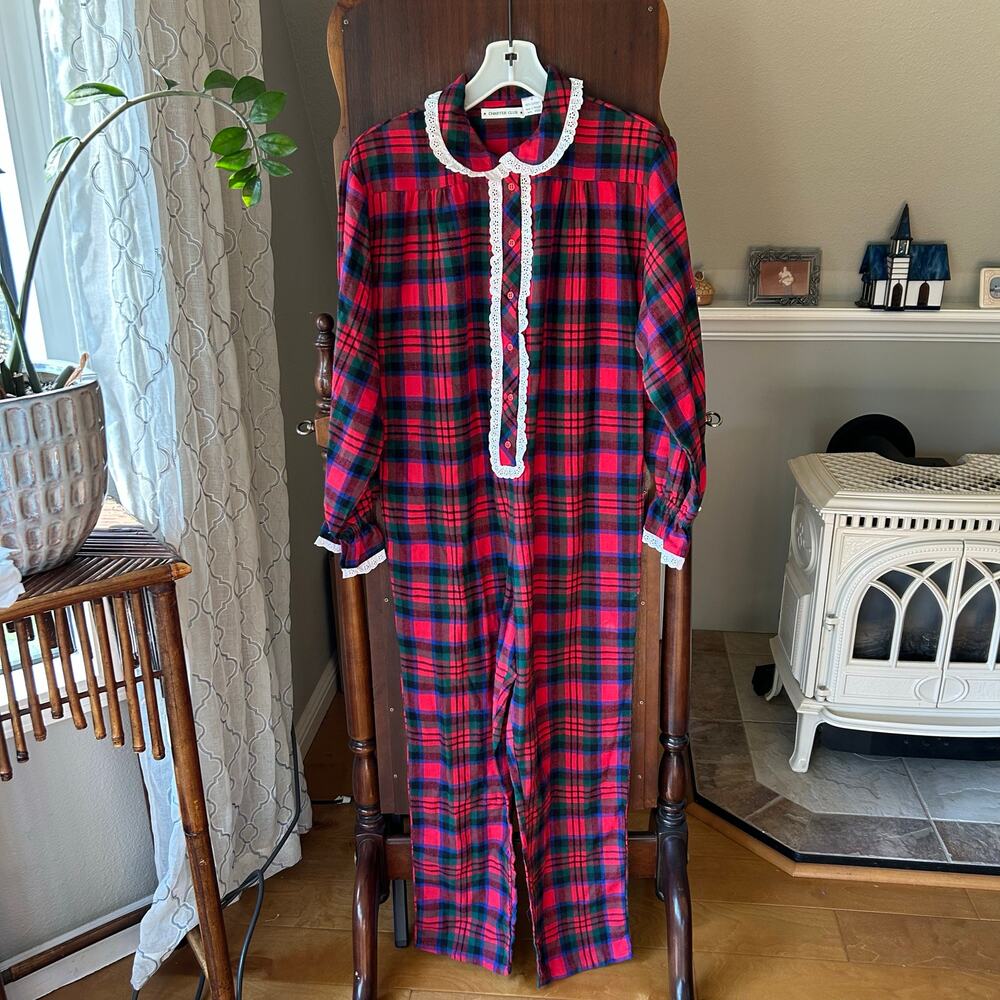 Vintage charter Club one piece red plaid sleep jumper Pajamas Small lace frilly